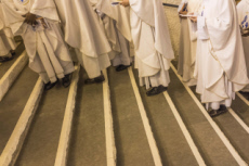 Groupe de prêtres portant des chasubles de couleur blanche.