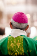 Evêque, de dos, durant la célébration de la messe.