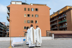 April 19, 2020 : Sunday mass in streming on the parish of San Gabriele dell  Addolorata, celabrated on the roof of the church due to restrictions for the Covid19 epidemic, on the outskirts of Rome.