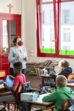 France, Covid-19, reprise des cours pour des élèves d'une classe de CE2.
