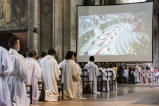 Ecran géant lors de la messe d'ordinations sacerdotales.
