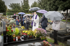 Fête de la Toussaint, prêtre et familles priant au cimetière.