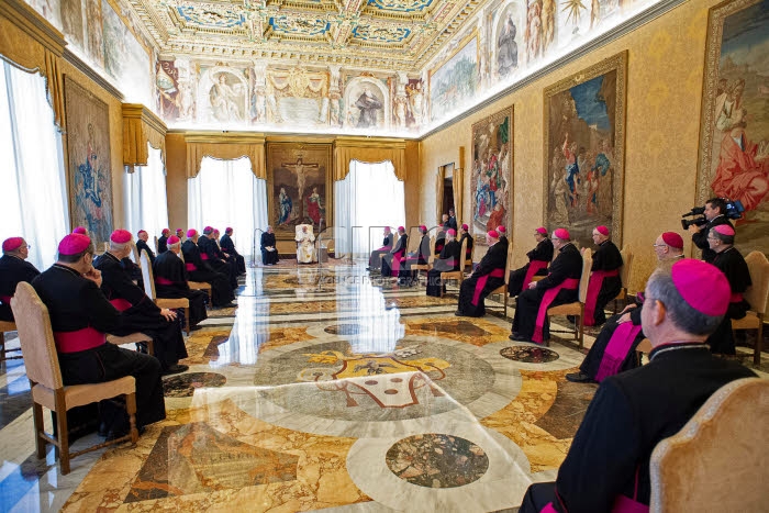 Le pape Franços reçoit au Vatican un groupe d'évêques français.