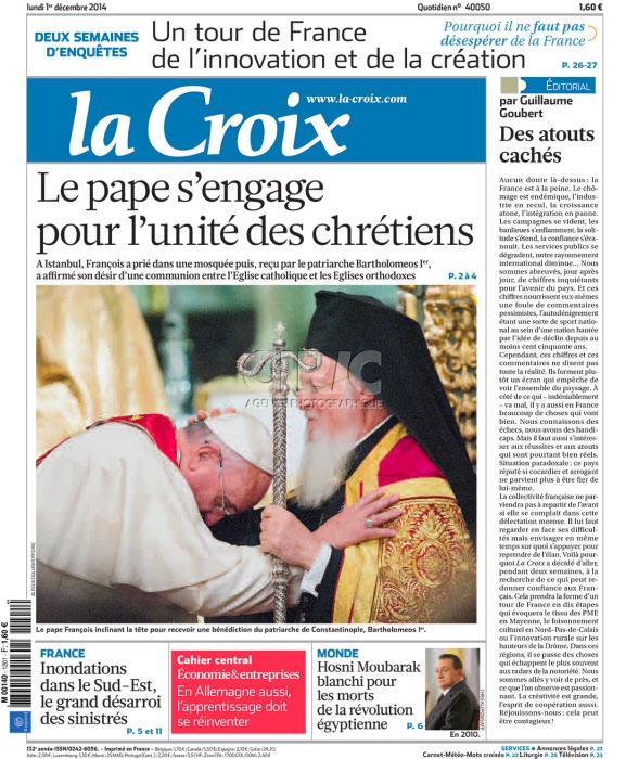 La Croix - "UNE" - 1er décembre 2014