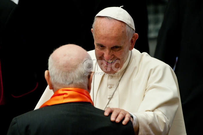 April 30, 2015: Pope Francis greets the faithful during an audience with members of the Cursillos in Christianity movement, in the Paul VI hall, at the Vatican.