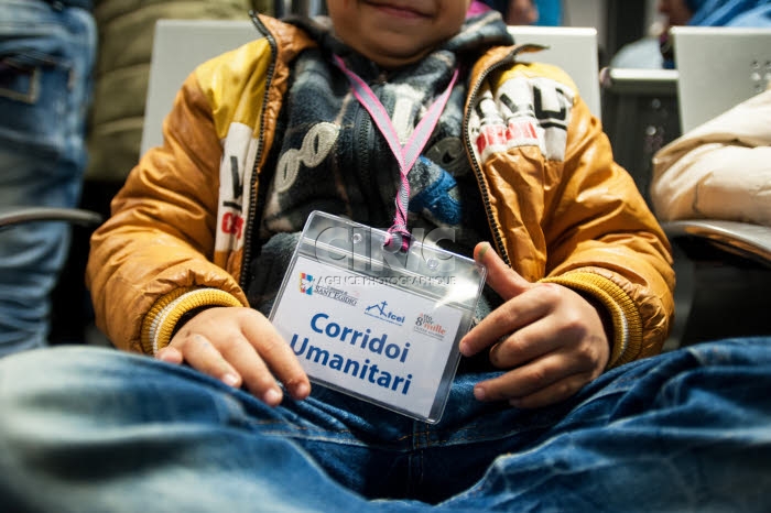 Arrivée de réfugiés syriens à l'aéroport de Fiumicino à Rome, Italie.