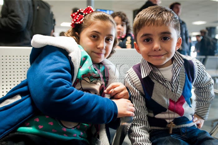 Arrivée de réfugiés syriens à l'aéroport de Fiumicino à Rome, Italie.