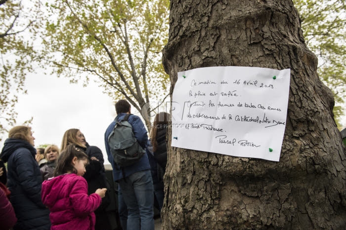Incendie de la cathédrale Notre-Dame de Paris, poême accroché à un arbre.