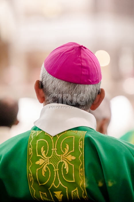 Evêque, de dos, durant la célébration de la messe.