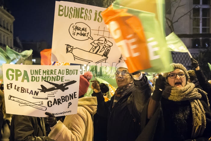 Manifestation contre le projet de loi bioéthique devant le Sénat à Paris.