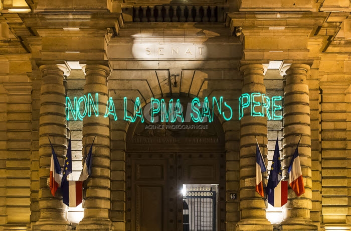 Manifestation contre le projet de loi bioéthique devant le Sénat à Paris.