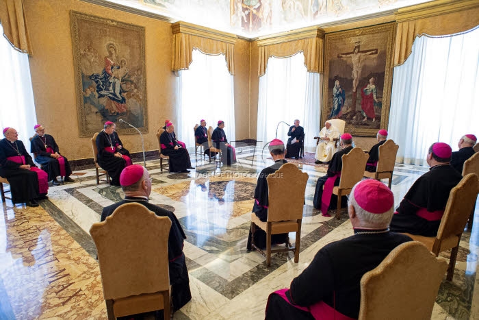 Le pape Franços reçoit au Vatican un groupe d'évêques français.