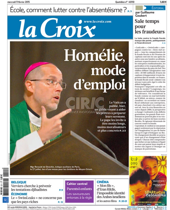 La Croix - "UNE" - 11 février 2015
