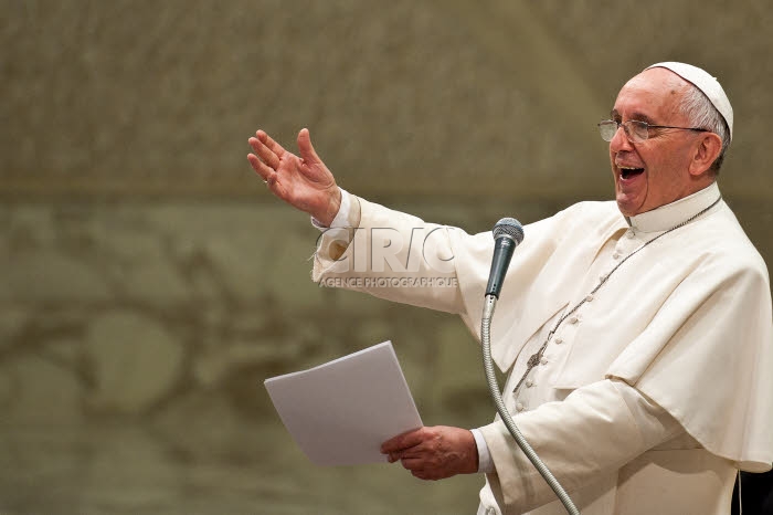 April 30, 2015: Pope Francis delivers his speech during an audience with members of the Cursillos in Christianity movement, in the Paul VI hall, at the Vatican.