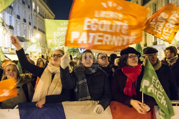 Manifestation contre le projet de loi bioéthique devant le Sénat à Paris.