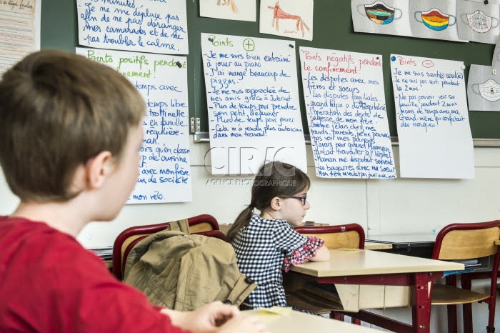 France, Covid-19, reprise des cours pour des élèves d'une classe de CE2.